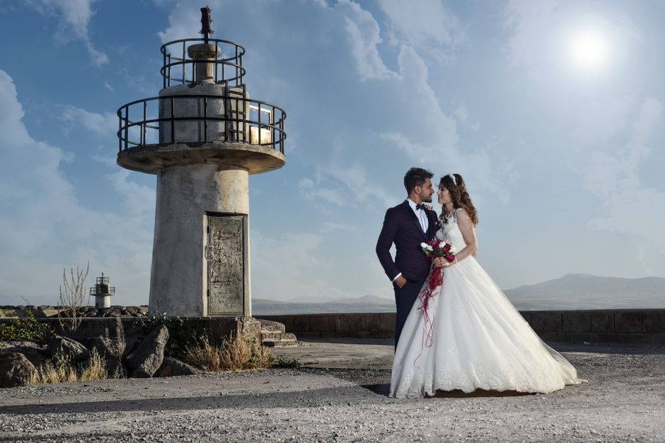 Romantic wedding couple in an embrace